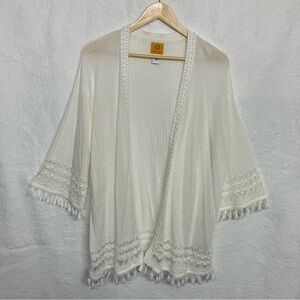 Ruby Rd Large Ivory Lace Trim Tassel Kimono Cardigan Rayon Blend